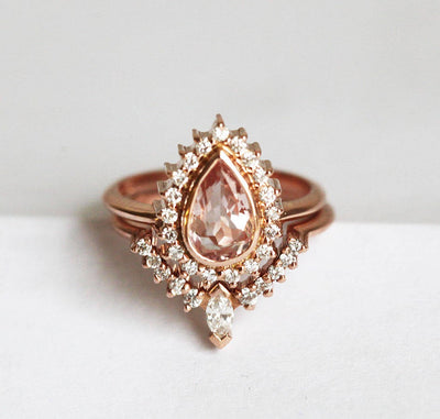 Roségold-Ringset mit birnenförmigem Morganit und Diamant