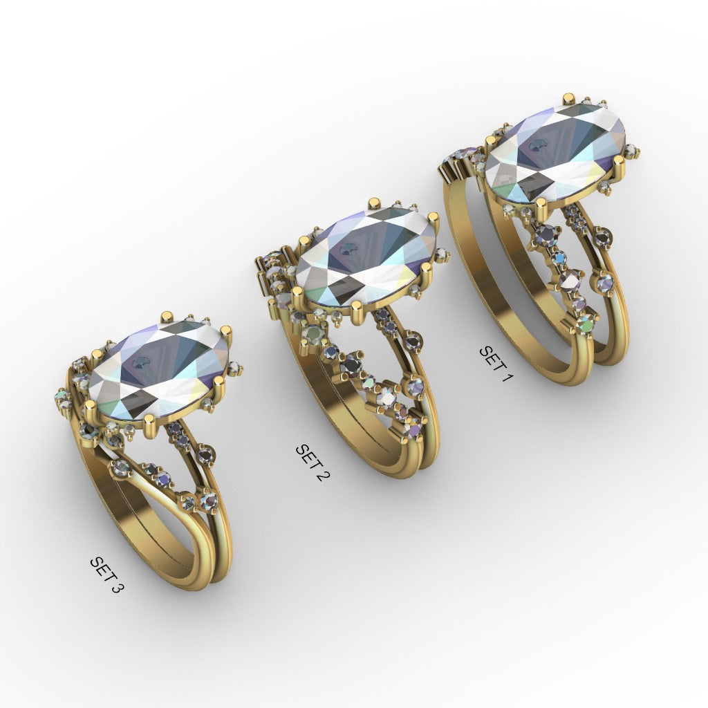 Bokeh-Diamantring mit 3 Karat ovalem, im Labor gezüchtetem Diamanten, umgeben von zarten Diamantranken.