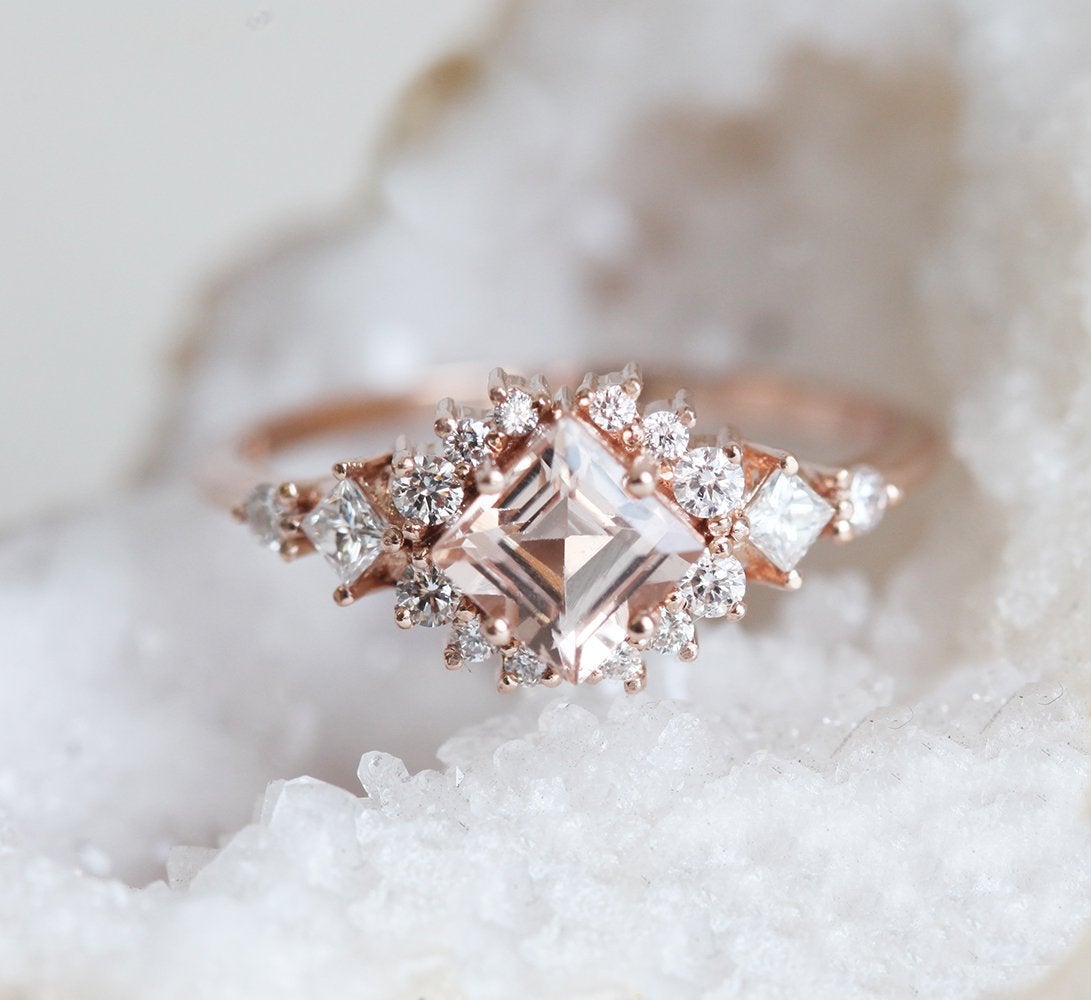 Pfirsich-Morganit-Diamant-Cluster-Ring