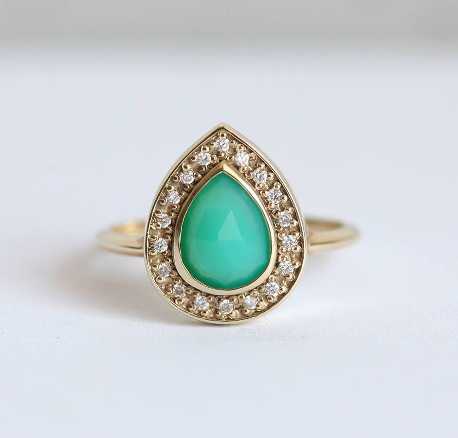 Chrysopras-Ring, Halo-Diamant-Ring-Capucinne