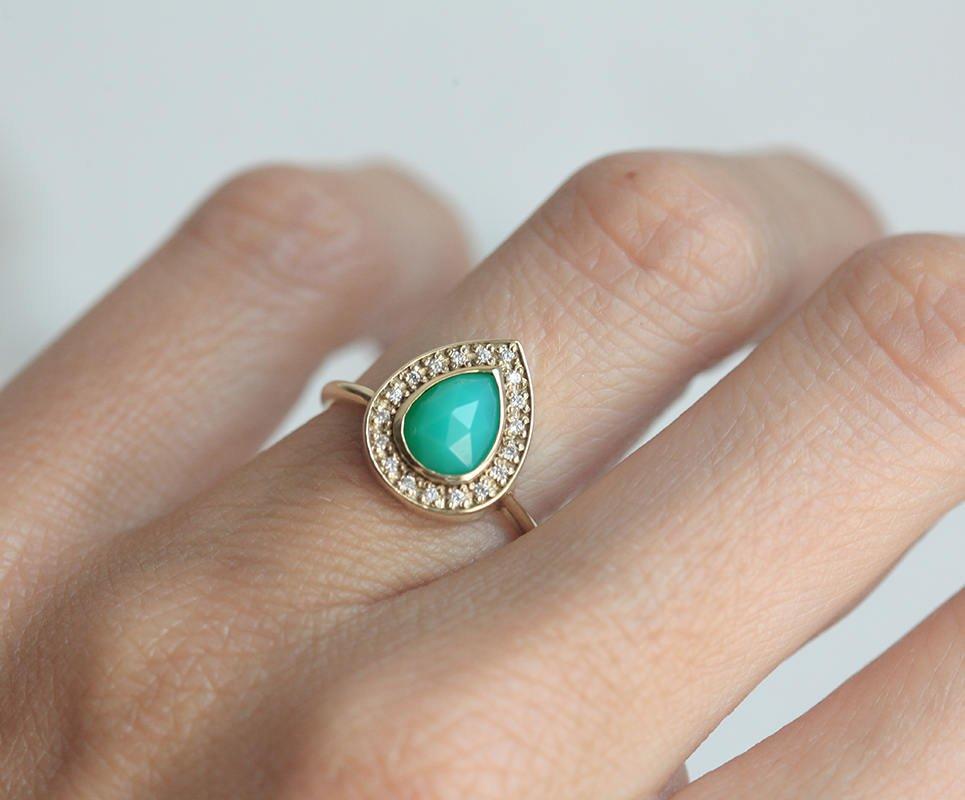 Chrysopras-Ring, Halo-Diamant-Ring-Capucinne