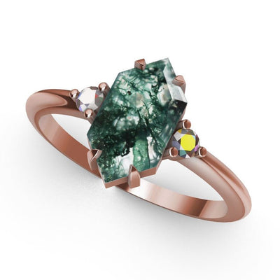 Sechseckiger Moosachat-Ring aus Roségold mit seitlichen weißen Diamanten