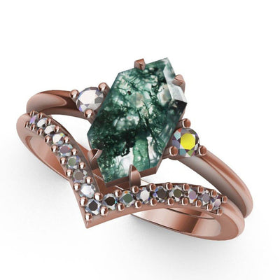 Sechseckiger Moosachat-Ring aus Roségold mit seitlichen weißen Diamanten und V-förmigem Diamantband