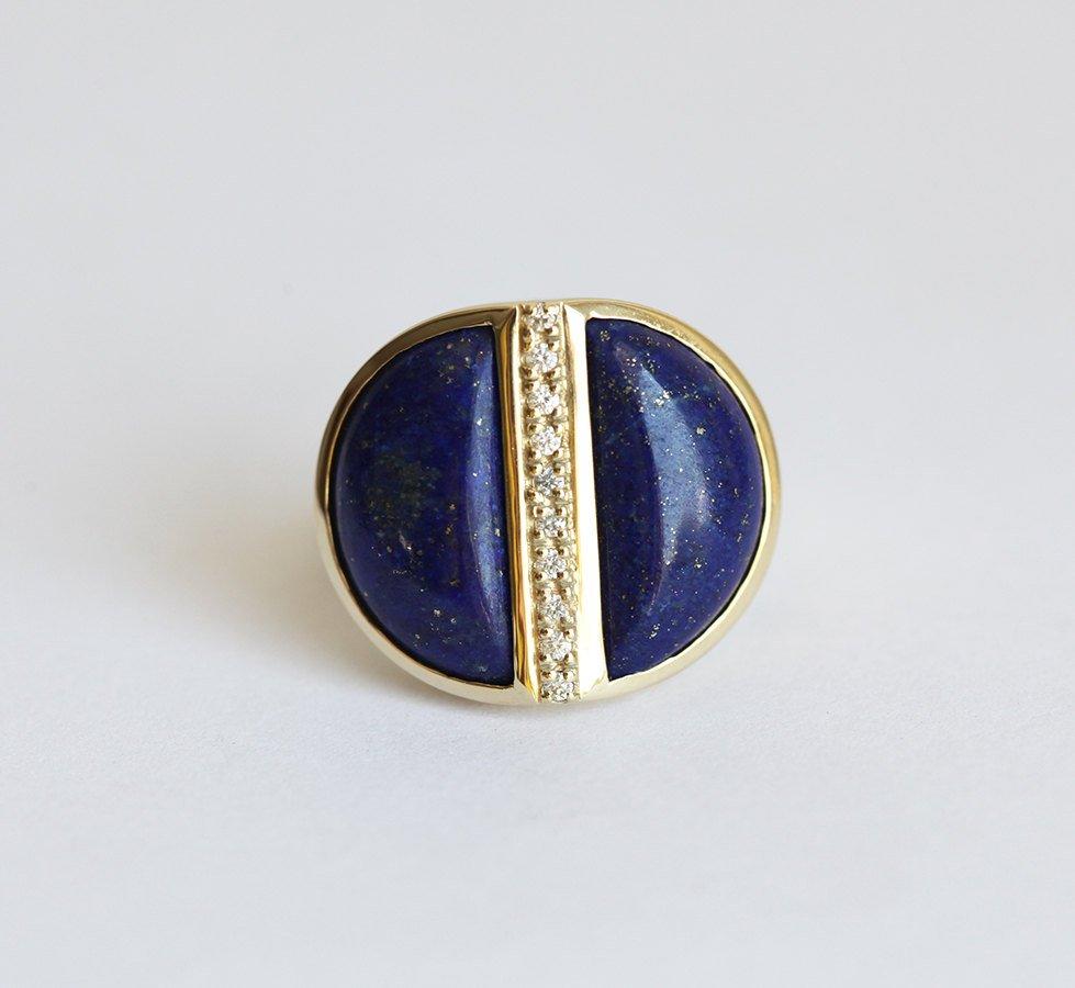 Einzigartiger 2 halbmondförmiger Lapislazuli-Edelsteinring mit kleinen weißen Diamanten dazwischen