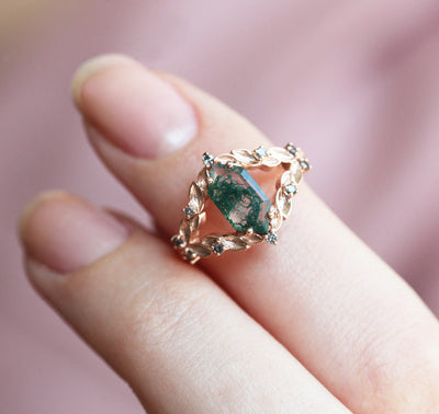 Sechseckiger Moosachat-Ring im Vintage-Stil mit Salz- und Pfefferdiamanten an der Seite