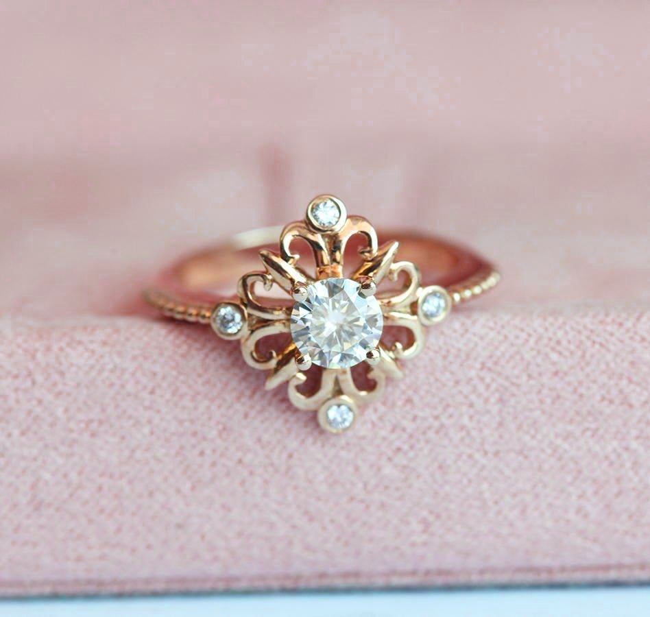 MOISSANIT-RING, GOLD-VERLOBUNGSRING-Capucinne