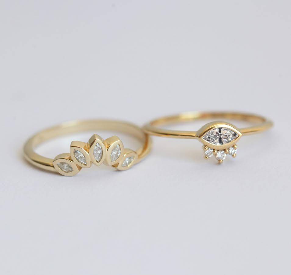 Set: Marquise-Diamant-Verlobungsring und passendes Kronenband-Capucinne