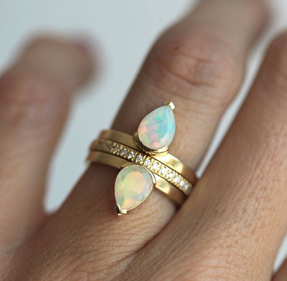 Birnen-Opal-Ring-Set mit 3 Bändern, mittlerer Ewigkeitsring mit Pavé-Diamanten